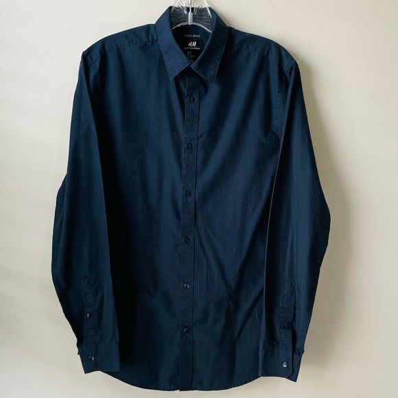 H&M button down mens navy blue Dress Shirt easy iron size small - Picture 7 of 11